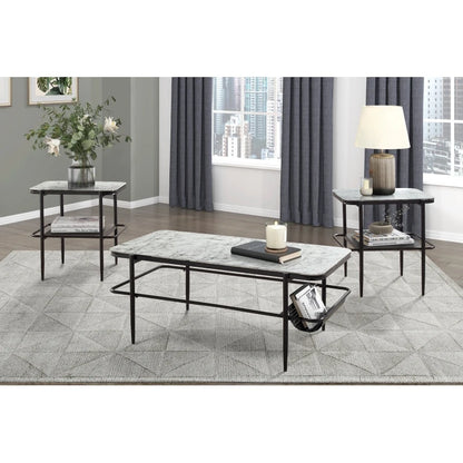 3pc Stylish Occasional Table Set White Marble Print Tempered Glass Top Coffee Table and End Tables Modern Home Furniture