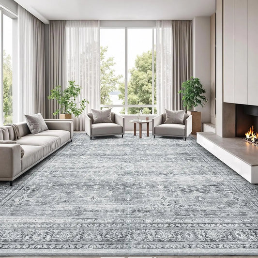 8x10 Washable Area Rug with Non-Slip Backing, Soft Grey Floral Carpet for Living Room Bedroom Dining Office Nursery