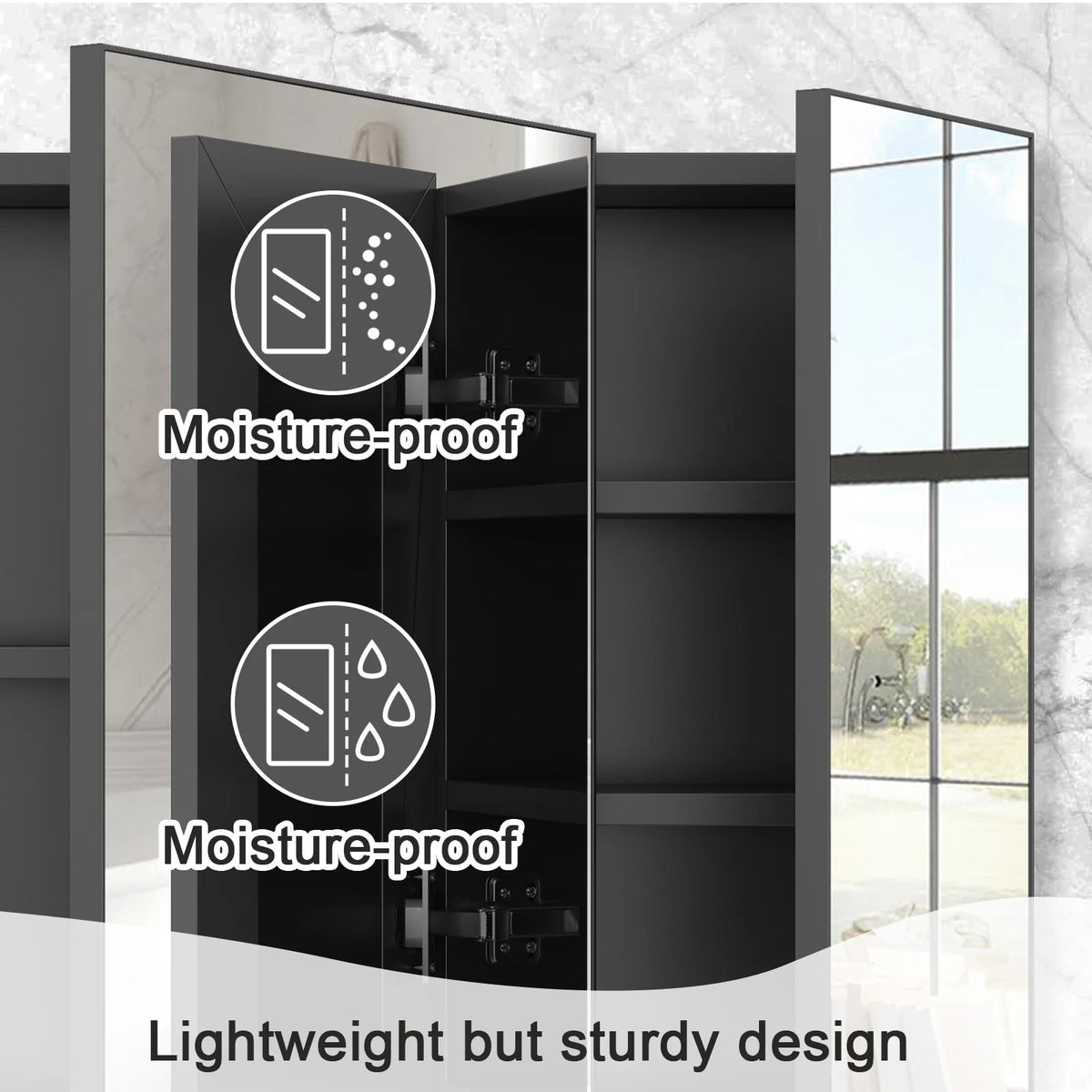 Large Wall Mounted Medicine Cabinet 3 Door Bathroom Mirror Storage Cabinet Modern Black Finish with Shelves