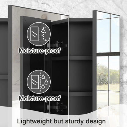 Large Wall Mounted Medicine Cabinet 3 Door Bathroom Mirror Storage Cabinet Modern Black Finish with Shelves