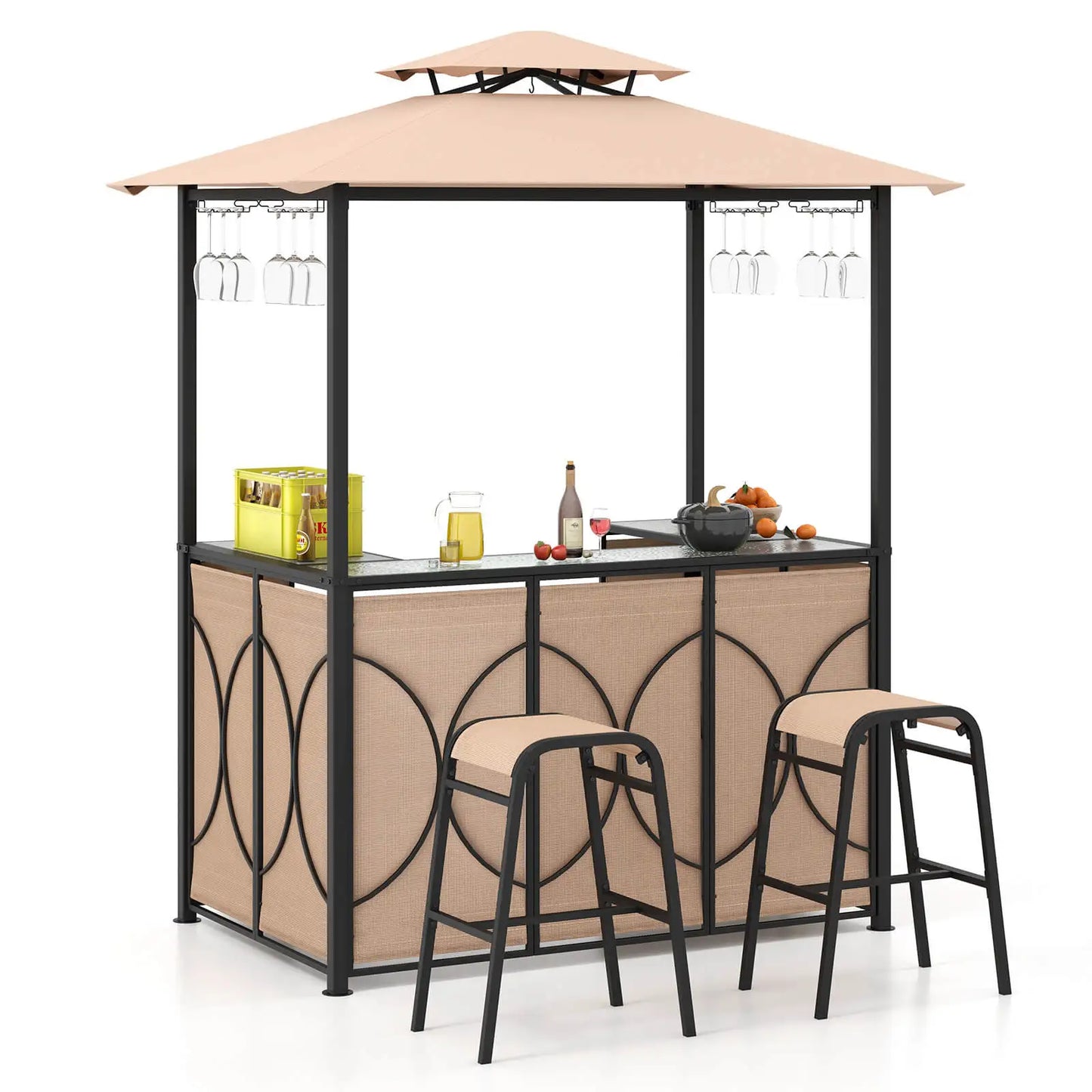 3 PCS Patio Bar Set with Tempered Glass Bar Table Metal Storage Shelves 3-