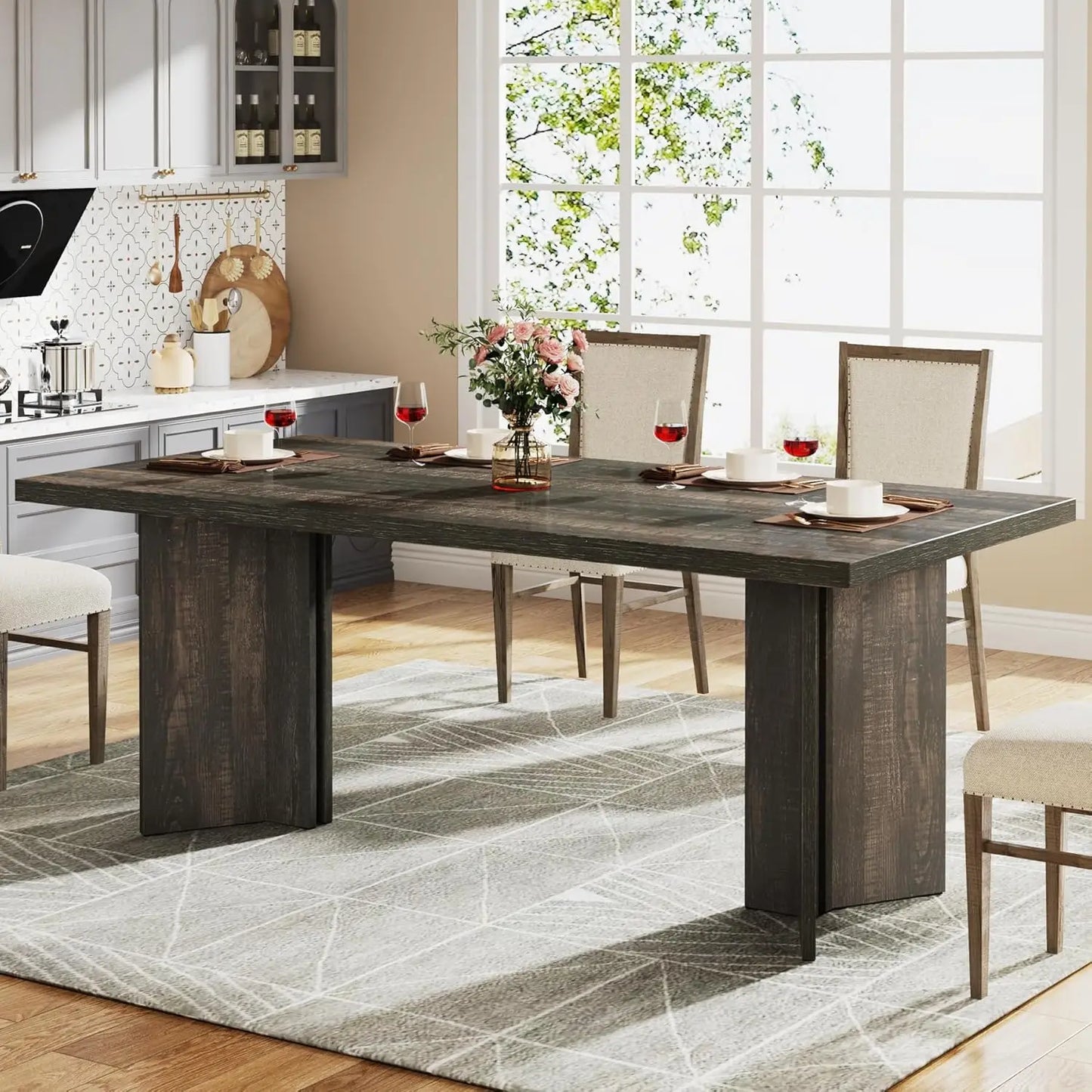 63-inch Dining Table for 4-6, Farmhouse Kitchen Table with Large Tabletop, Rectangular Dinner Eating Table for Dining
