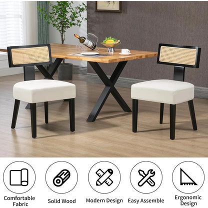 4-Pack Mid-Century Rattan Dining Chairs Fabric Upholstered with Black Wood Frame, Curved Back & Armless Design