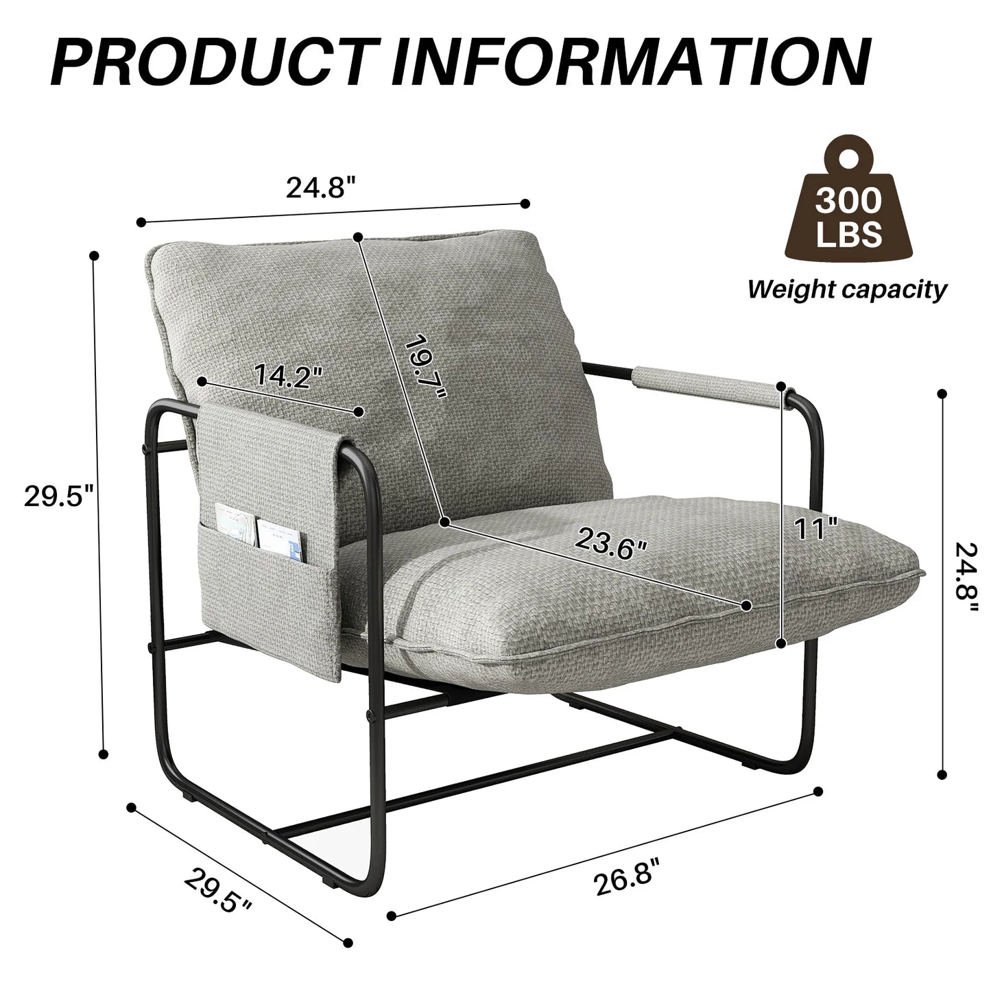 Sling Accent Chair Set of 2, Metal Framed Armchair with Removable Storage Bag, Upholstered Living Room Chairs