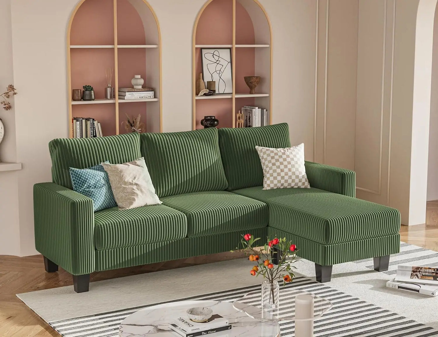 L-Shaped 3-Seater Sofa - Convertible Chaise Corduroy Couch for Small Spaces