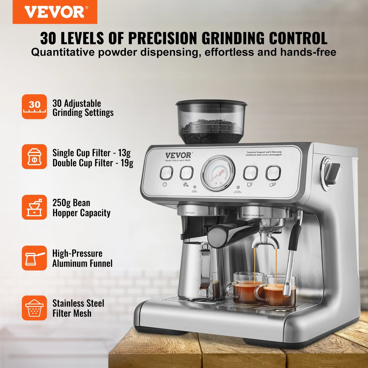 Espresso Machine with Grinder 15 Bar Semi-Automatic Espresso Coffee Maker with Milk Frother Steam Wand