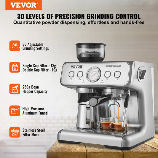 Espresso Machine with Grinder 15 Bar Semi-Automatic Espresso Coffee Maker with Milk Frother Steam Wand