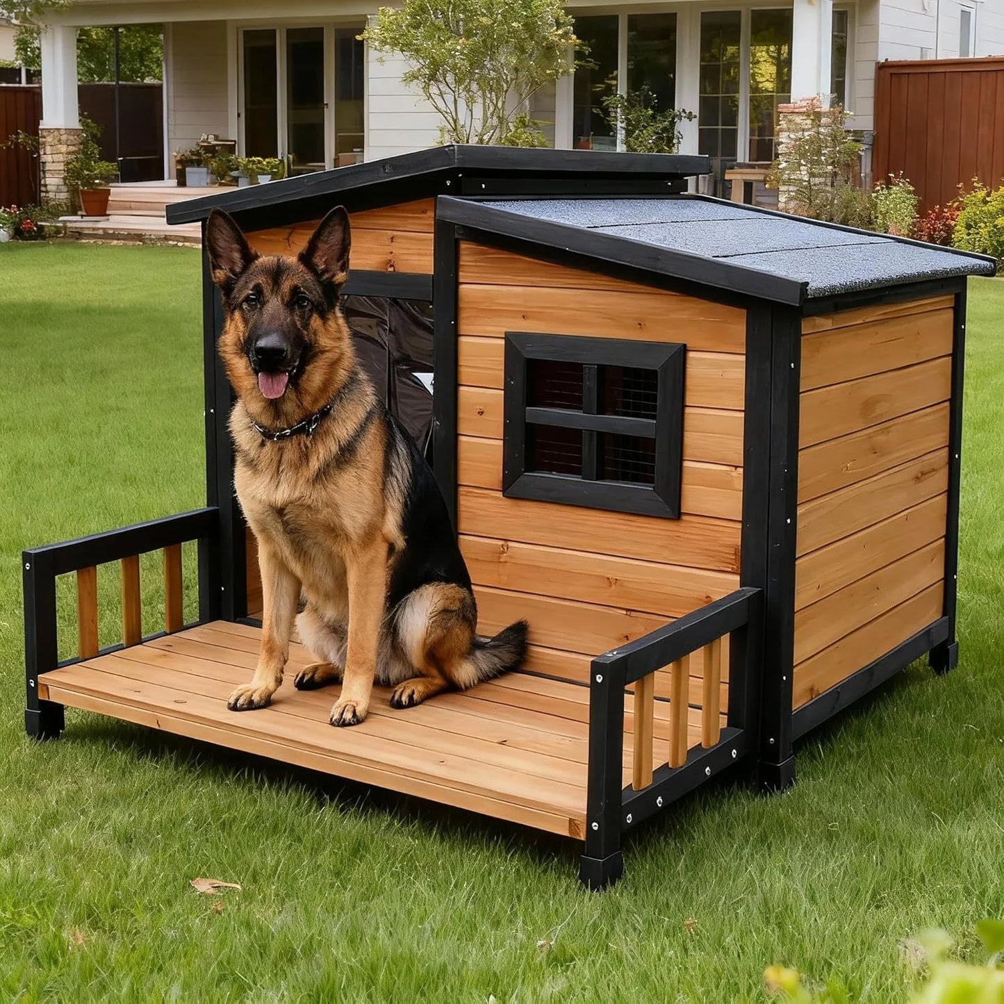 Large Indoor Outdoor Dog House,Wood Insulated Dog House,Weatherproof Outside Shelter with Elevated Floor,Easy to Assemble