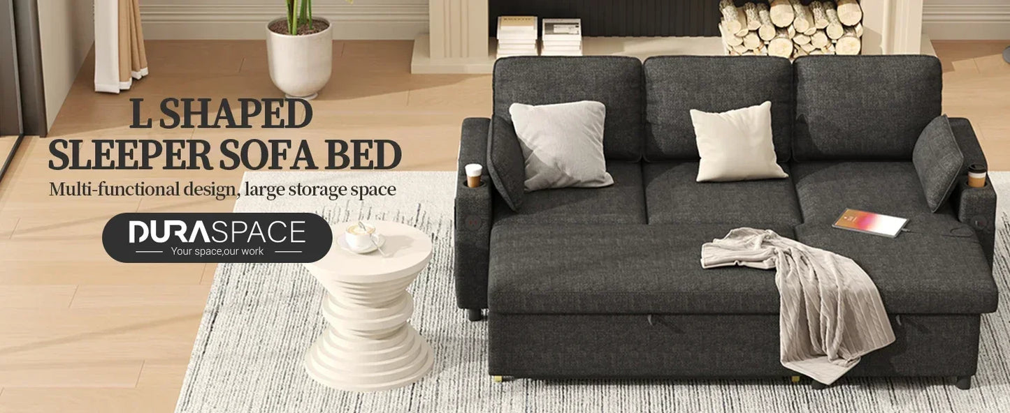 Sleeper Sofa Pullout Bed for Living Room.L Shaped Couch with Storage Chaise.USB.Cup Holder (Dark G