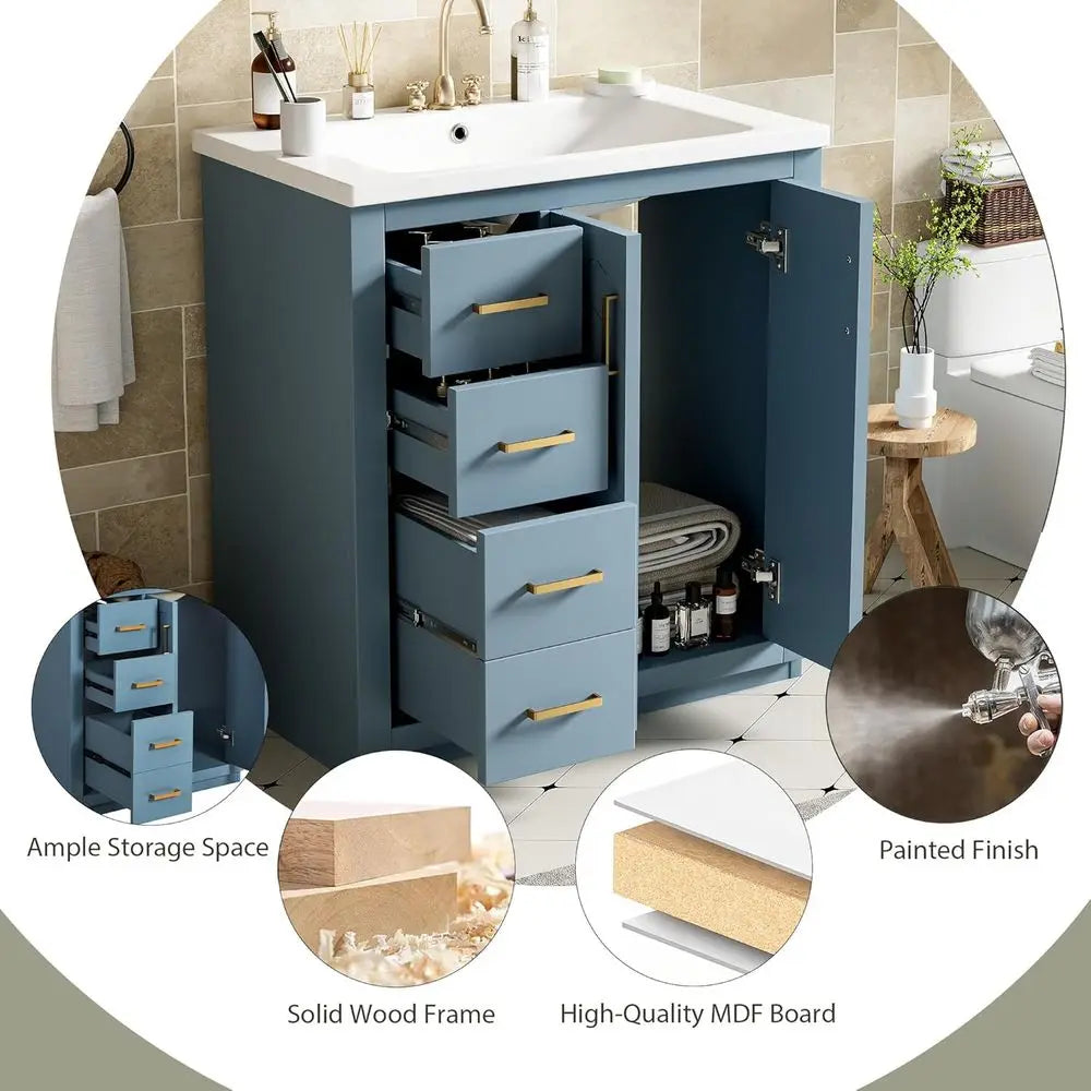 Herringbone Single Sink Bathroom Vanity, Freestanding 30" Modern Bathroom Vanity Storage Cabinet with 3 Drawers and 2 Doors, Sol