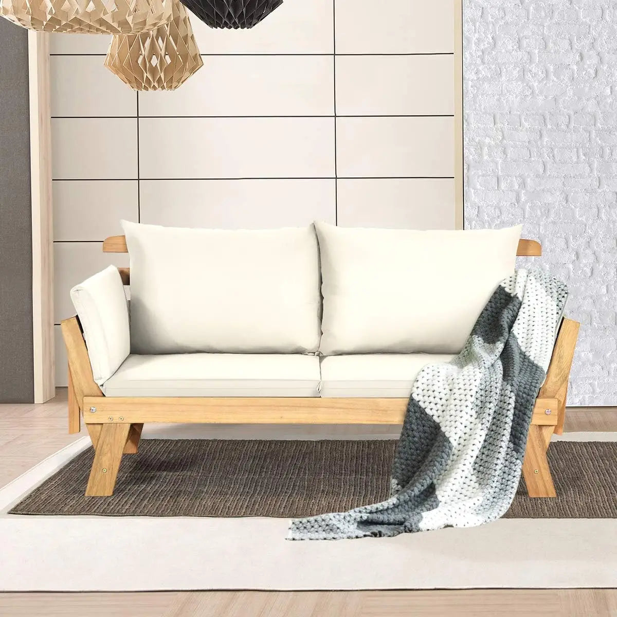 Convertible Acacia Wood Patio Couch Sofa Bed with Adjustable Armrest, Outdoor Daybed with Cushion & Pillows, Outside Folding Fu