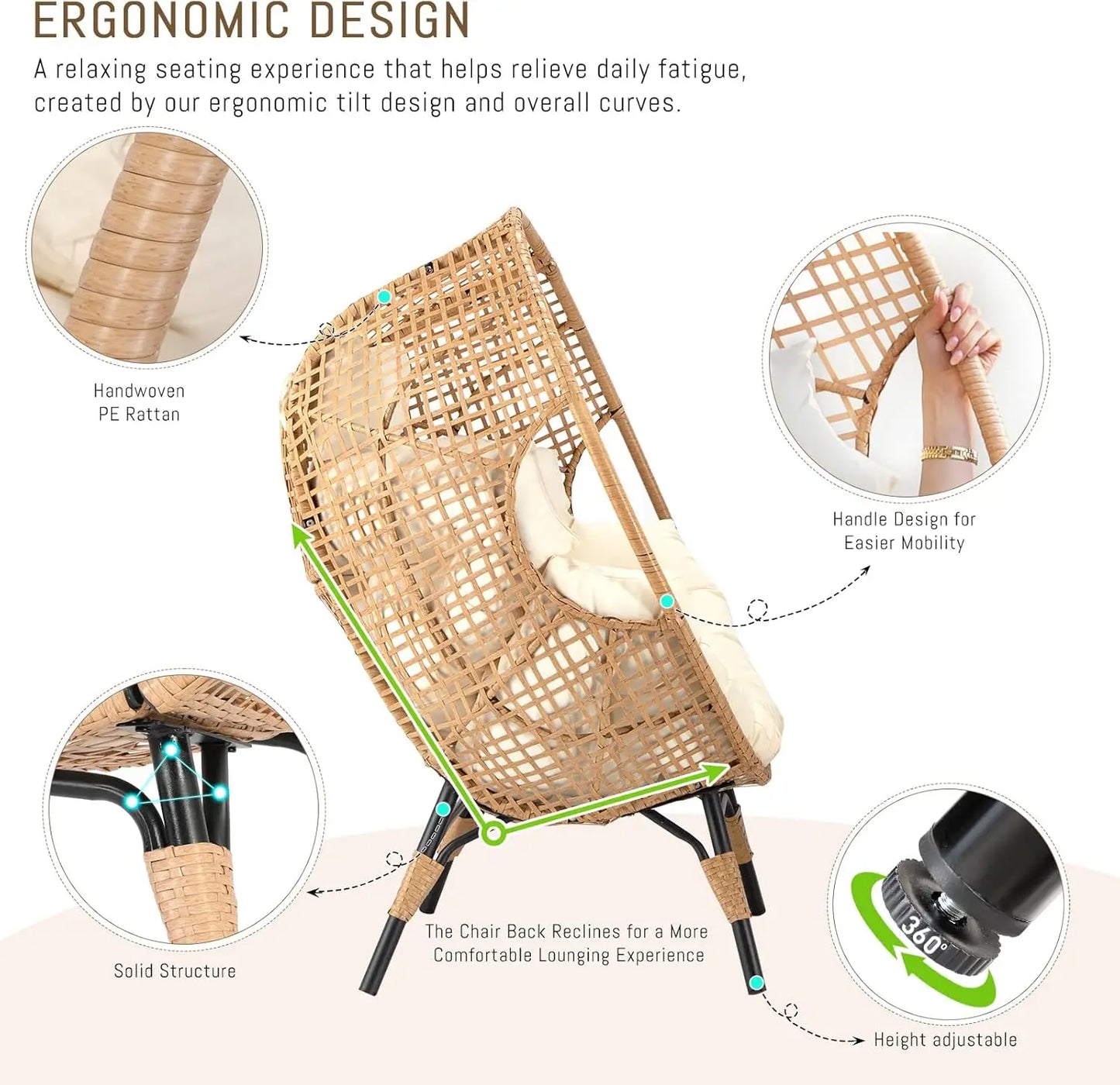 Wicker Patio Lounger with Ottoman, Oversized Rattan Egg Shaped Chair