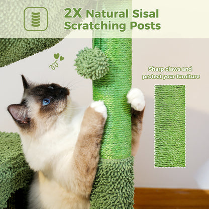 Cactus Cat Tree with Lagre Condo, Hammock, Dangling Ball, Small Cat Tower, Cat Scratching Post for Indoor, Cat Toys