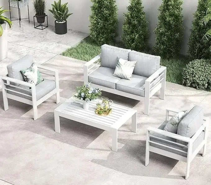 RPD4-QLayinSun Aluminum Furniture with Fire Pit Table. 5 Pieces Patio Sectional Conversation Chat Sofa Modern Seating Set