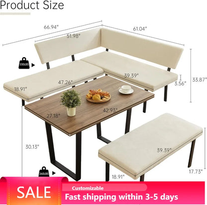 3-Piece Corner Dining Table Set with Bench, 67'' Space-Saving Breakfast Nook for Kitchen