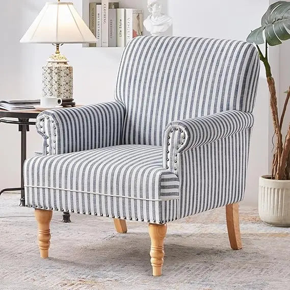 Linen Fabric Accent Chair, Mid-Century Modern Armchair with Solid Wood Legs Sofa Chair