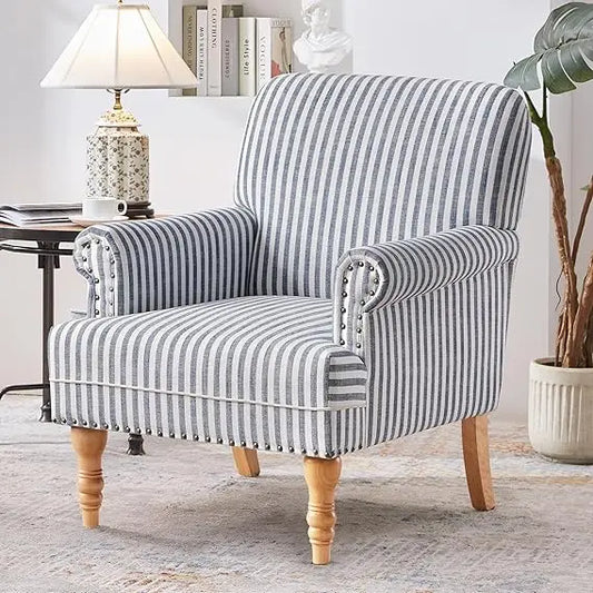 Linen Fabric Accent Chair, Mid-Century Modern Armchair with Solid Wood Legs Sofa Chair