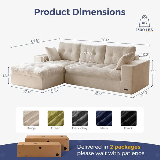 L-Shaped Sectional Sofa with Convertible Left/Right Ottoman, Cloud Boneless Modular Couch