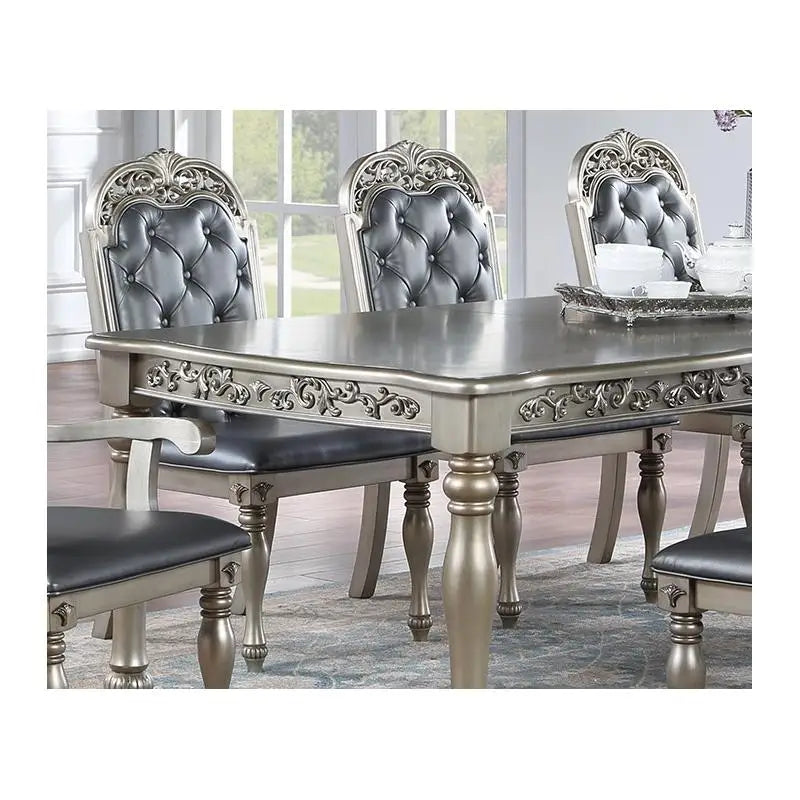 Formal 1pc Dining Table with 2 Leaves, Silver Grey Finish, Antique Design, Rubberwood, Large Family Dining Room Furniture