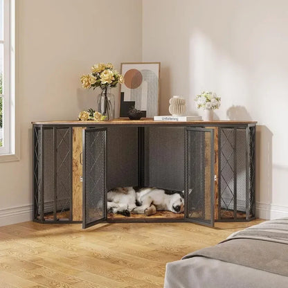 Large Wooden Dog Kennel Furniture, XL Dog Crate with 2 Doors, Decorative End Table for Small to Large Dogs
