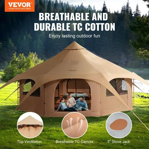 Canvas Tent, 4 Seasons 5 m/16.4 ft Bell Tent, Canvas Tent for Camping with Stove Jack, Breathable Yurt Tent for up to 8 Pe