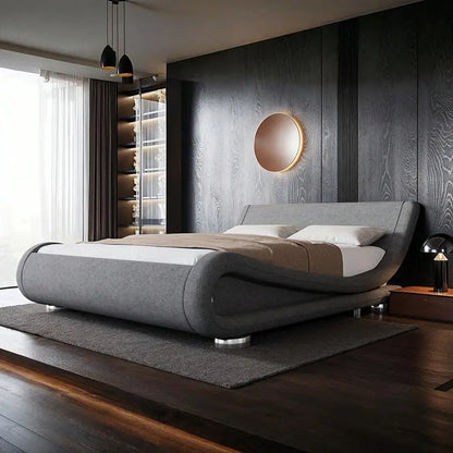 Full/QueenKing Size Bed Frame With Ergonomic & Adjustable Headboard, Low Profile Modern Upholstered Platform Sleigh Design - Easy Assembly, No Box Spring Required, Grey