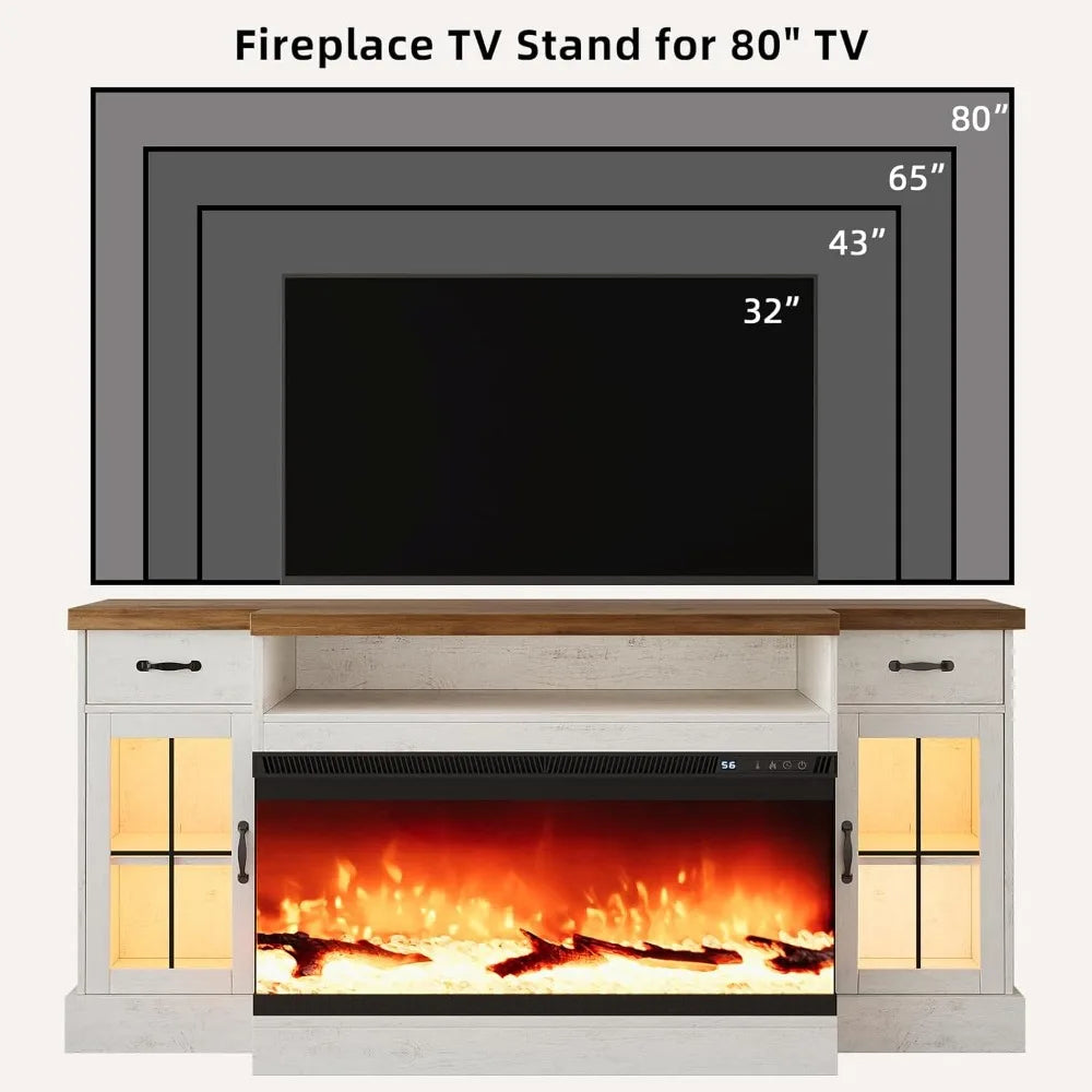 Fireplace TV Stand with 40" Electric Fireplace for 80" TV, 70" Entertainment Center with Adjustable Storage Cabinets