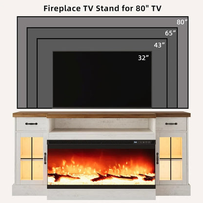 Fireplace TV Stand with 40" Electric Fireplace for 80" TV, 70" Entertainment Center with Adjustable Storage Cabinets