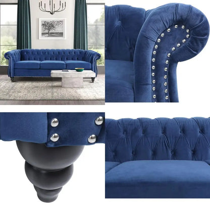 Modern 84 Velvet Chesterfield Sofa with Tufted Design, Scroll Arms, and Wooden Legs for Living Spaces (Blue)