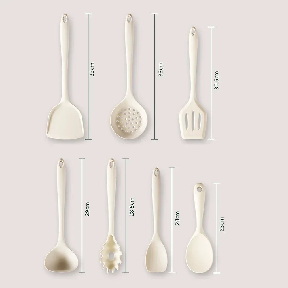 7Pcs Beige White Silicone Kitchenware Cooking Utensils Heat-resistant Spatula Turner Pasta Colander Shovel Kitchen Accessories