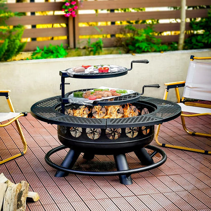 36 Inch Fire Pit with 2 Cooking Grills,Outdoor Wood Burning BBQ Firepit with Lid, 3-in-1 Outdoor Fire Pit