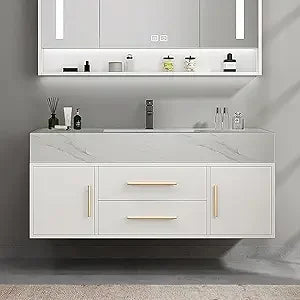 Floating Bathroom Vanity with Sintered Stone Vessel Sink 2 Drawers (Walnut with Doors, 39.4'')