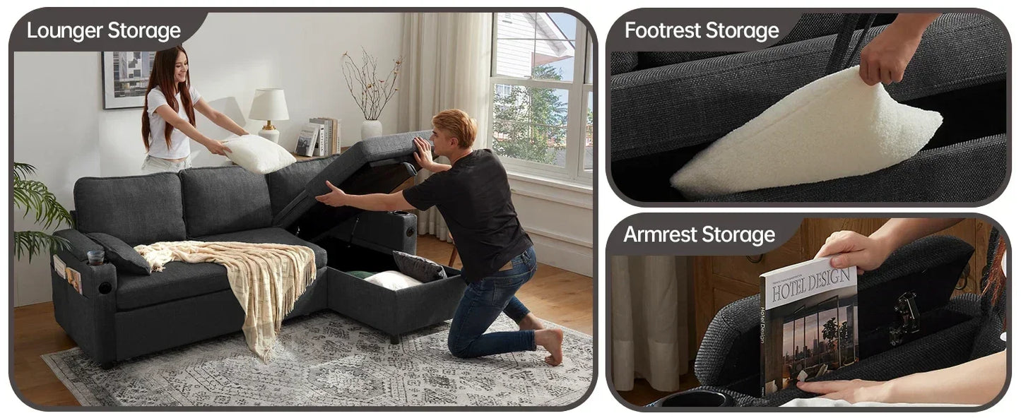 Sleeper Sofa Pullout Bed for Living Room.L Shaped Couch with Storage Chaise.USB.Cup Holder (Dark G