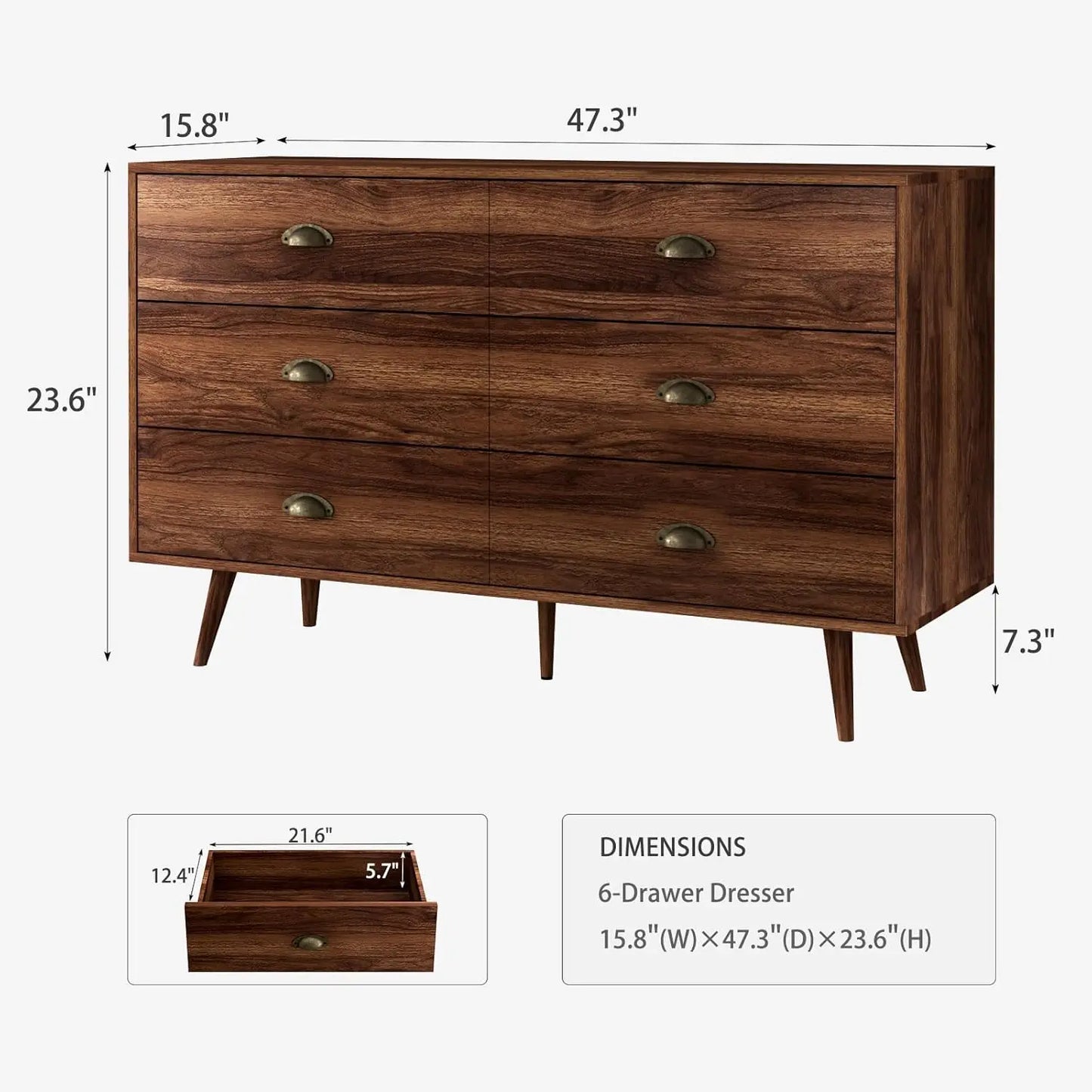Walnut Brown Dresser for Bedroom, 6 Drawer Dresser with Wide Drawers and Metal Knob, Wood Dressers & Chest of Hallway, Entryway.
