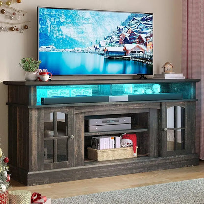 LED TV Stand, Modern Entertainment Center W/Glass Doors Adjustable Storage Shelves, Media Console TV Cabinet for For Living Room