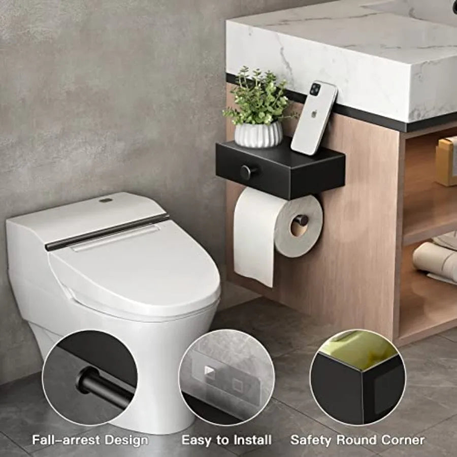 Matte Black WallMounted Toilet Paper Holder with Integrated Shelf and Storage Drawer Design: SelfAdhesive Flushable Wipes Dispe