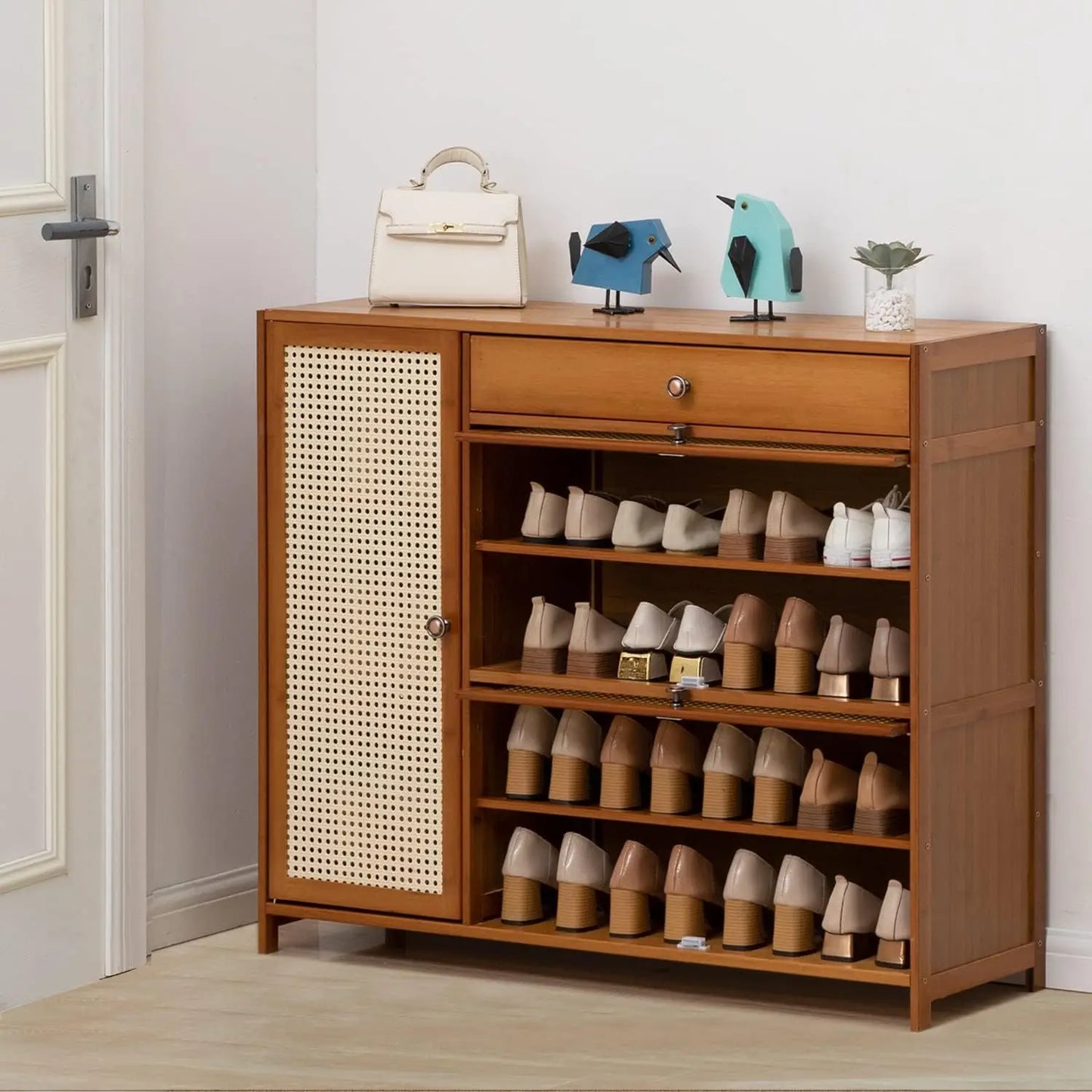 Rattan Shoe Cabinet Double Layer Shoe Shelf Boho Vibe Storage Cabinet with Doors Freestanding