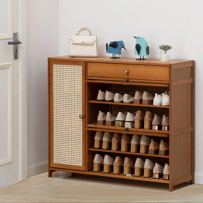 Rattan Shoe Cabinet Double Layer Shoe Shelf Boho Vibe Storage Cabinet with Doors Freestanding