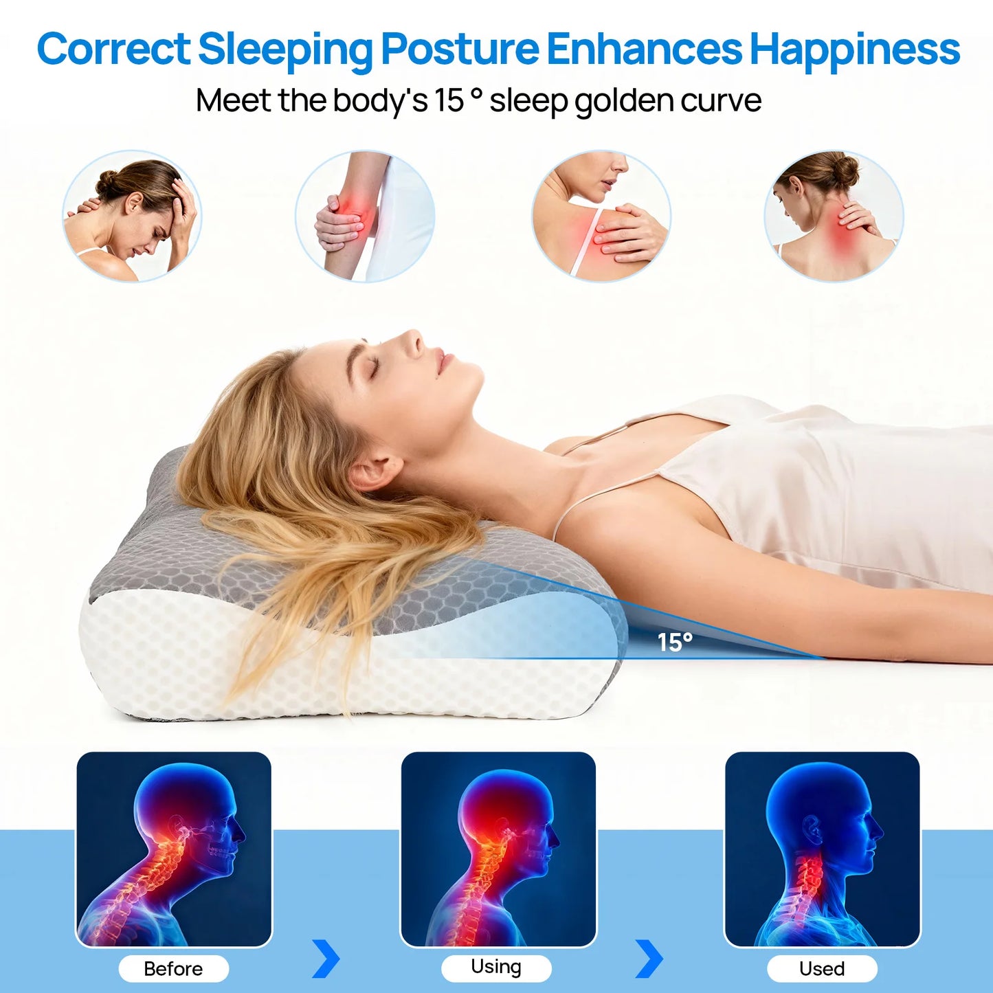 Cervical Neck Double Sided Pillow Memory Foam Ventilated Cooling Ergonomic Bed Pillow Support Contour for Stomach Sleepers