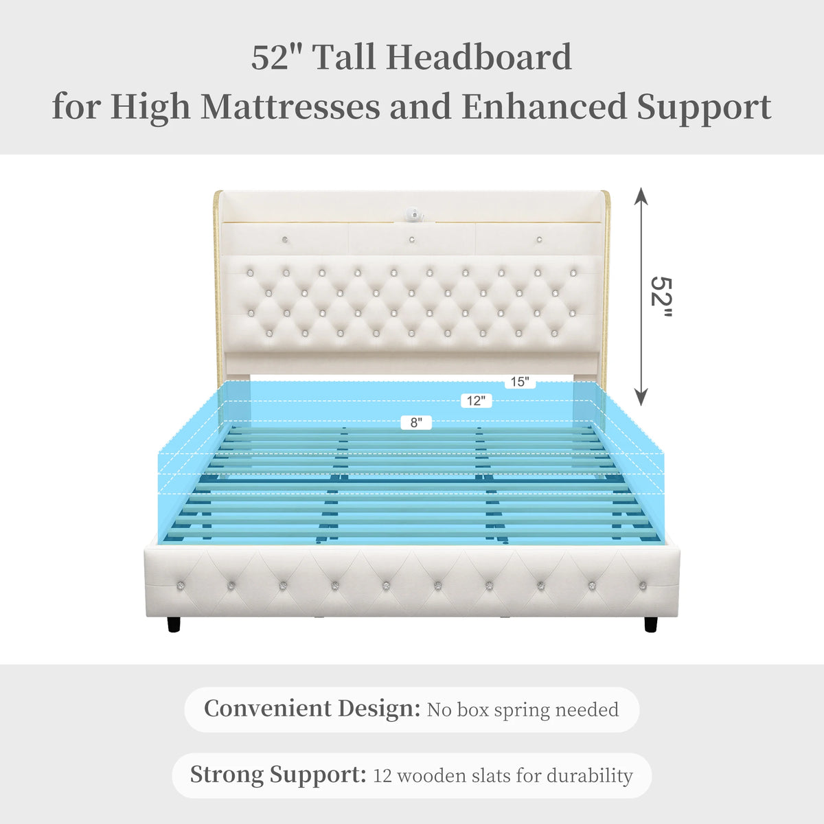 Queen Velvet Upholstered Platform Bed Frame with Galaxy Star Projector & Charging Station, 52" Ultra-Tall Crystal Button Tufted Headboard, Luxury Storage Bed, Noise-Free Design, No Box Spring Needed, Easy Assembly