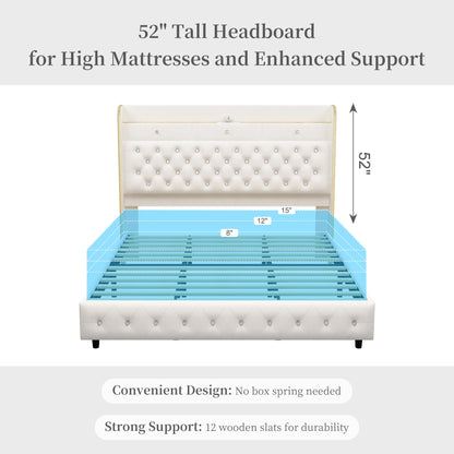 Queen Velvet Upholstered Platform Bed Frame with Galaxy Star Projector & Charging Station, 52" Ultra-Tall Crystal Button Tufted Headboard, Luxury Storage Bed, Noise-Free Design, No Box Spring Needed, Easy Assembly