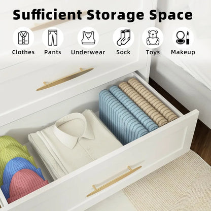 6 Drawer Dresser White and Gold, Tall Dresser , Wood Storage Cabinet