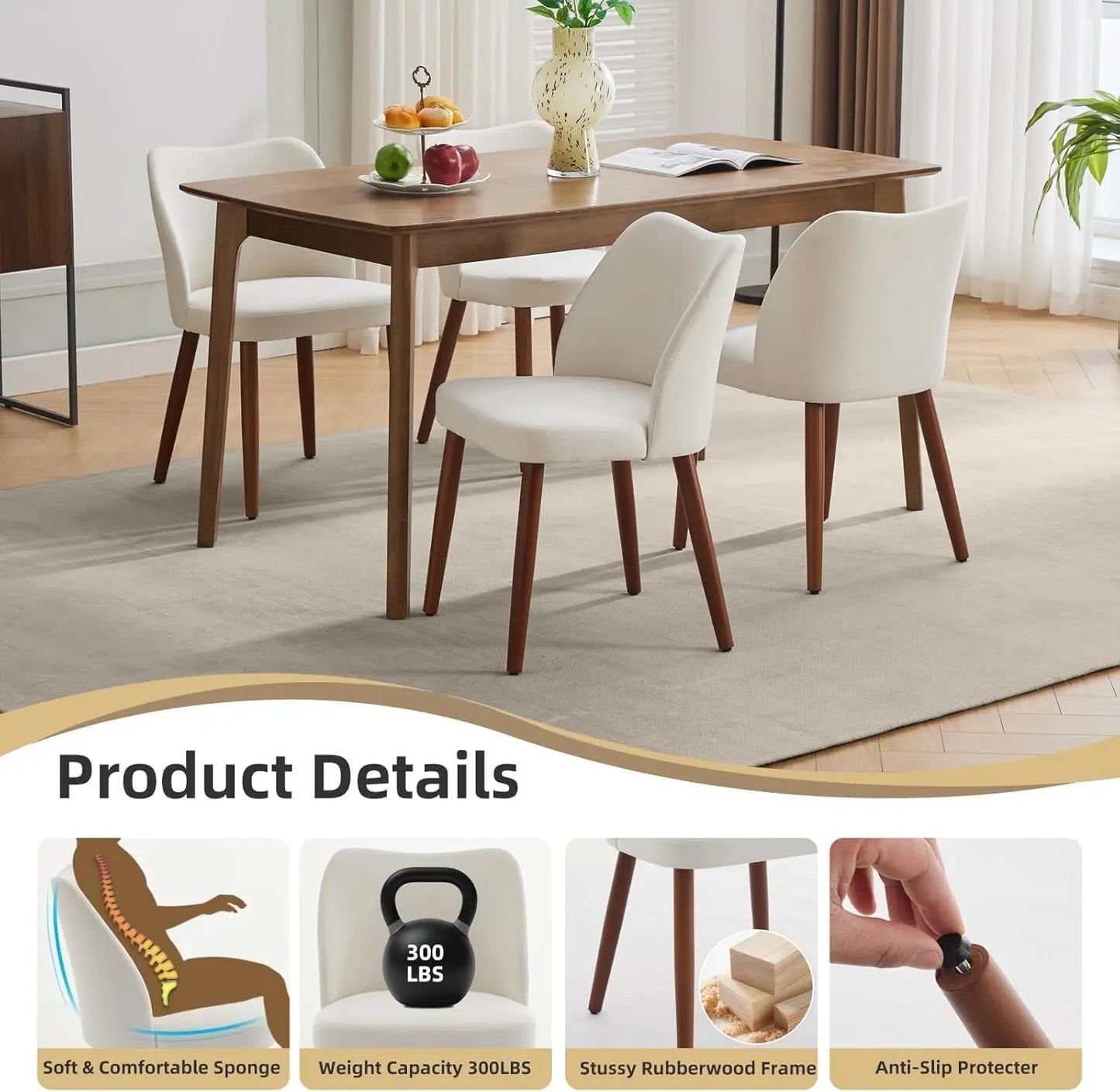 Mid Century Modern Dining Chairs Set of 2,Linen Fabric Upholstered Accent with Wood Legs for Kitchen Dining Room Beige