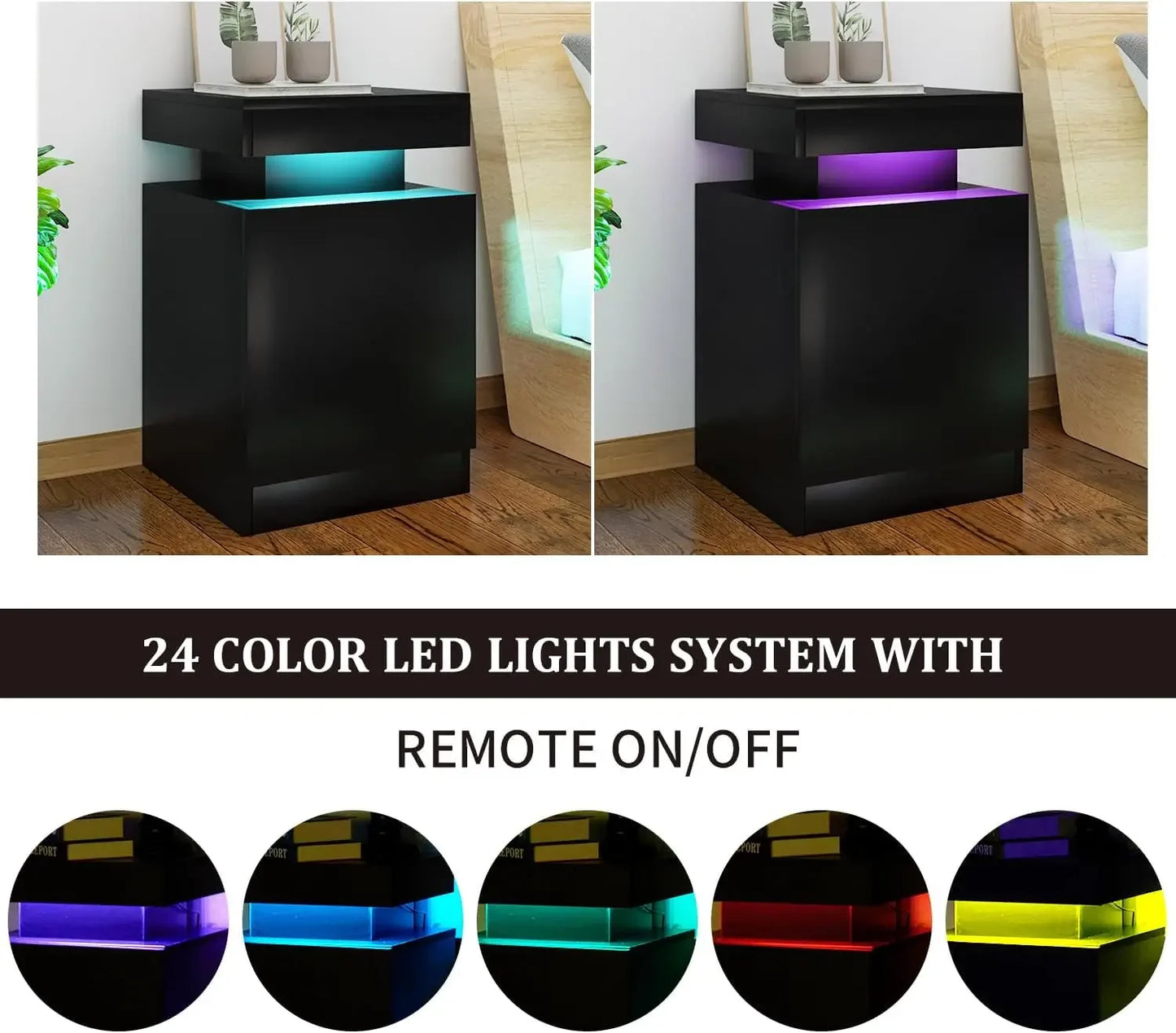 Nightstand Set of 2 with LED Lights,Night Stand with Storage Cabinet for Bedroom,Bedside Table with LED, Black
