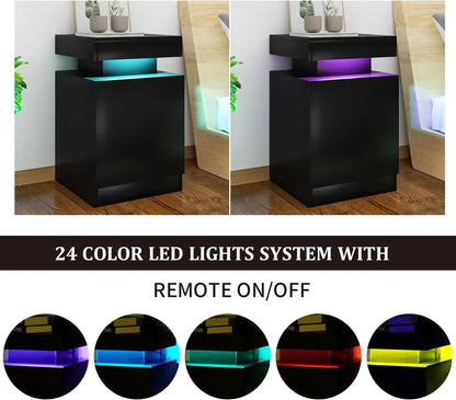 Nightstand Set of 2 with LED Lights,Night Stand with Storage Cabinet for Bedroom,Bedside Table with LED, Black