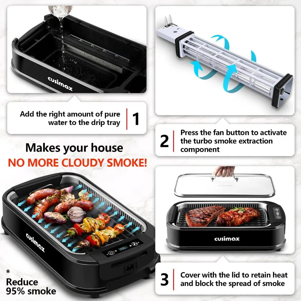 CUSIMAX 1500W Indoor Electric Grill Smokeless Korean BBQ Griddle LED Smart Display Home Cooking Appliance