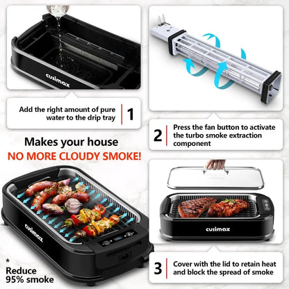 CUSIMAX 1500W Indoor Electric Grill Smokeless Korean BBQ Griddle LED Smart Display Home Cooking Appliance