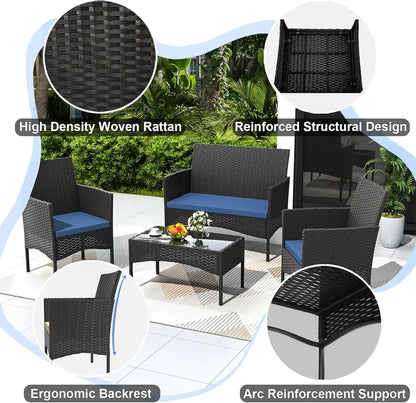 4-Piece Outdoor Patio Furniture Set, Wicker Rattan Chairs & Sofa with Cushions and Glass Coffee Table, Conversation Set for Back