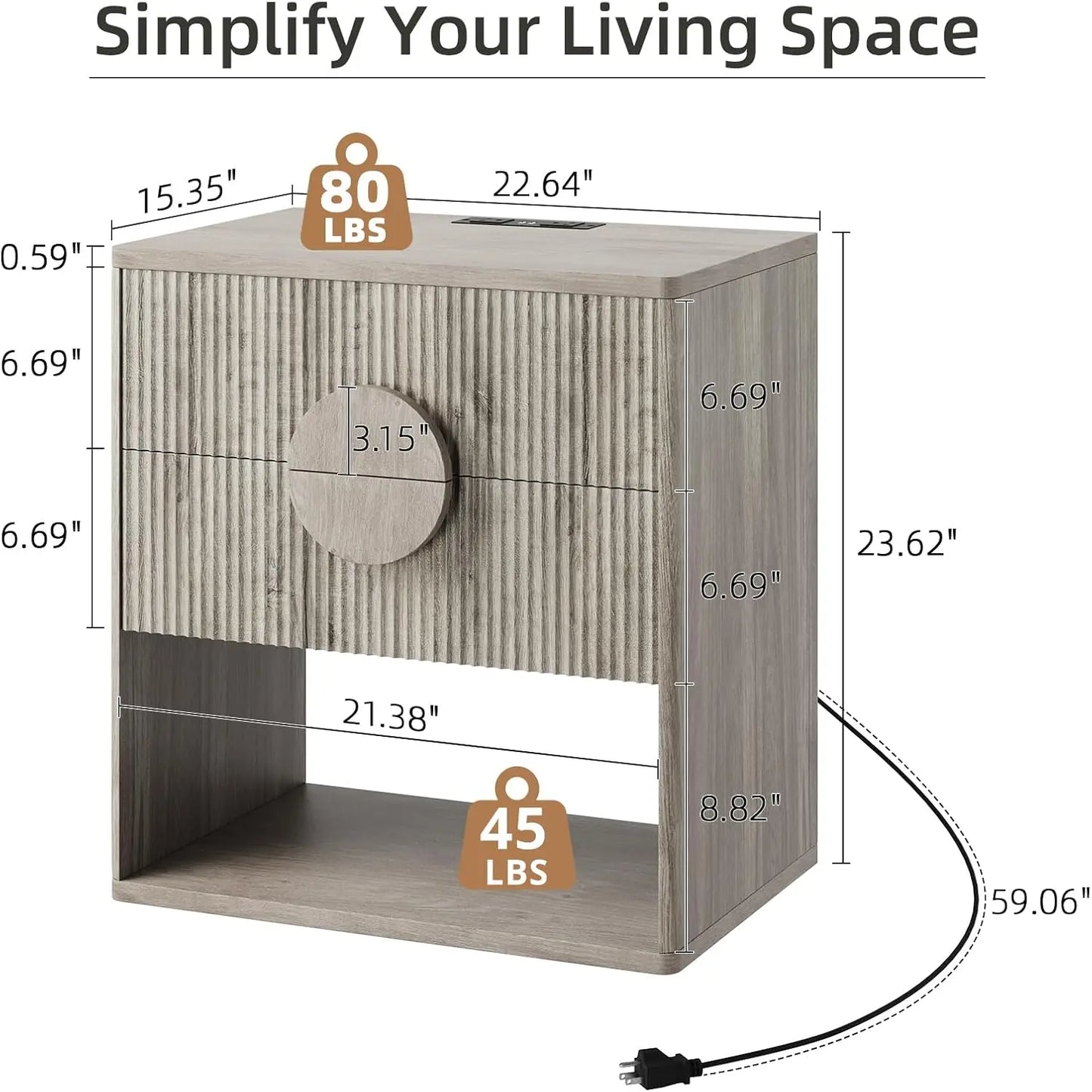 1PC Large Fluted Nightstand with Drawers 22.7" Wide Modern Bedside Table for Bedroom Living Room Office Farmhouse Tables