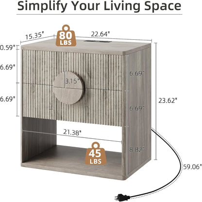 1PC Large Fluted Nightstand with Drawers 22.7" Wide Modern Bedside Table for Bedroom Living Room Office Farmhouse Tables